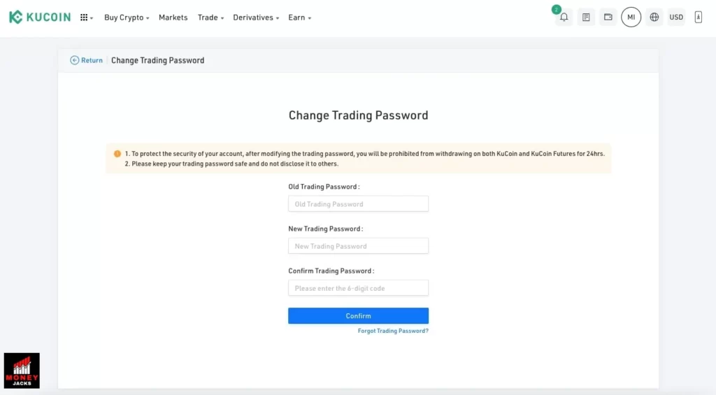 Step 3 : how to reset trading password of kucoin